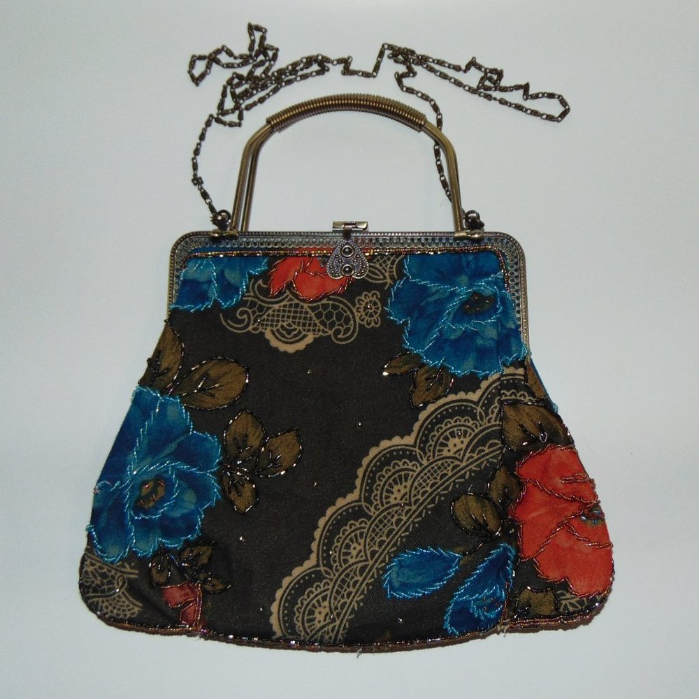 Vintage Floral Beaded Handbag with Metal Top Latch Closure and Chain Strap